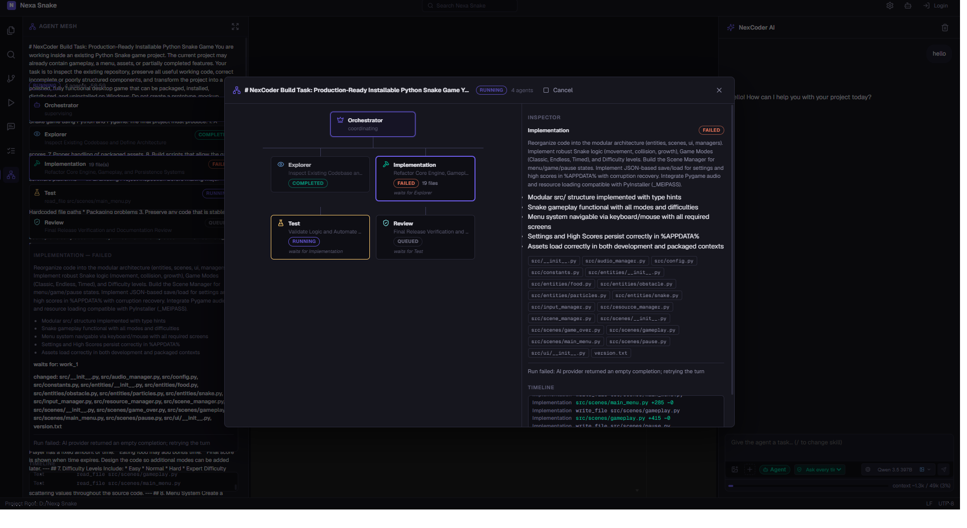 NexCoder Agent Mesh: an orchestrator node branching into Explorer, Implementation, Test, and Review agents, with a live inspector and timeline.