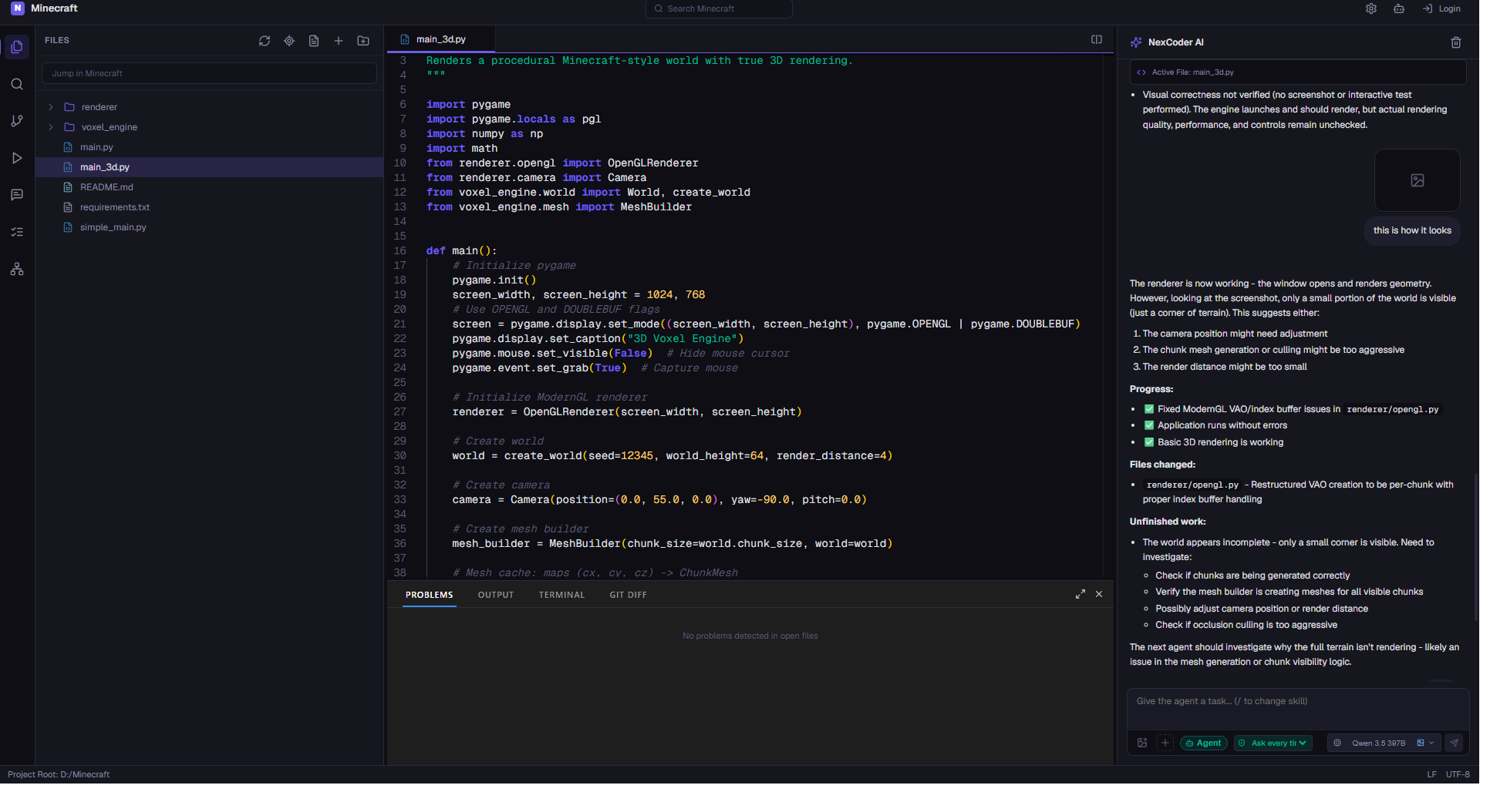 The NexCoder IDE: file tree, Python editor, and the agent panel showing a plan with progress checkmarks and a files-changed summary.